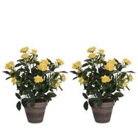 2x Gele Rosa/rozen kunstplanten 33 cm in grijze pot