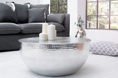 Ronde salontafel ORIENT II 60cm zilver metaal aluminium gehamerd ontwerp handgemaakt - 37913
