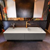 Badkamermeubelset Mondiaz Erin 150 cm met 2 Lades met RIDGE Wastafel Rechts Linen met 1 kraangat Greeploos Mat Dark Grey