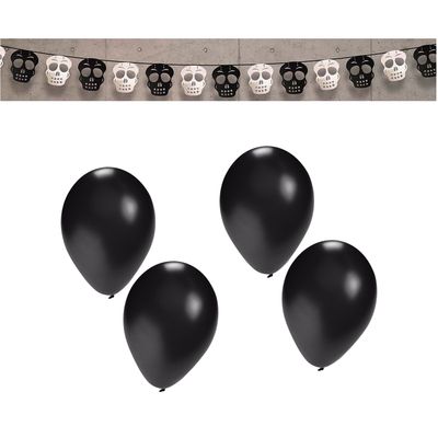 Halloween/horror thema vlaggenlijn - doodskop - papier - 275 cm - incl. 10x ballonnen zwart