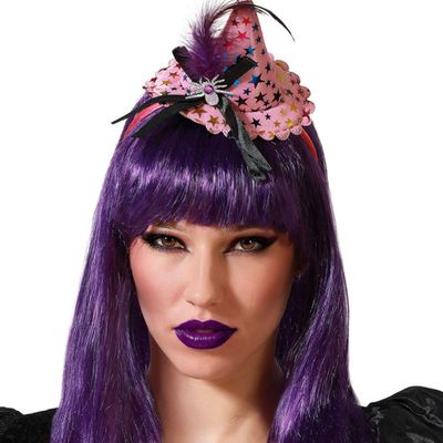 Halloween heksenhoed - mini hoedje op diadeem - one size - roze sterren - meisjes/dames Halloween heksenhoed - mini hoedje op diadeem - one size - roze sterren - meisjes/dames
