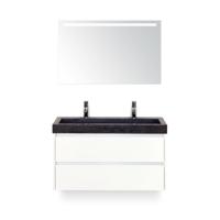 Dante Badmeubelset 100 cm - Wit Hoogglans - Wastafel Hardsteen Wit Lucca 2 kraangaten - met Sence Spiegel