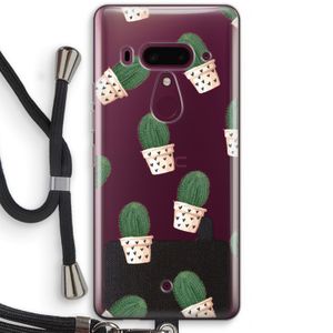 Cactusprint roze: HTC U12+ Transparant Hoesje met koord