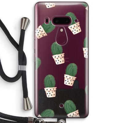 Cactusprint roze: HTC U12+ Transparant Hoesje met koord