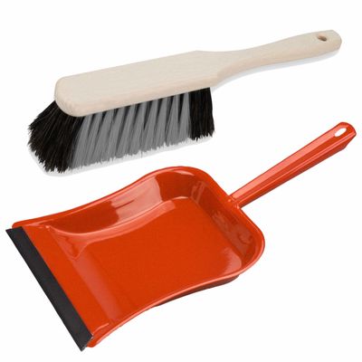 Stoffer en blik rood van metaal/hout met lip voor binnen