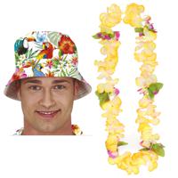 Carnaval verkleed set - Tropische Hawaii party - bucket hoedje - met bloemenslinger - volwassenen