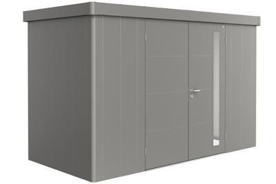 Biohort Metalen tuinhuis Neo - Dubbele deur - Kwartsgrijs - 1D (348x180 cm)- Plat dak- Metaal- Biohort