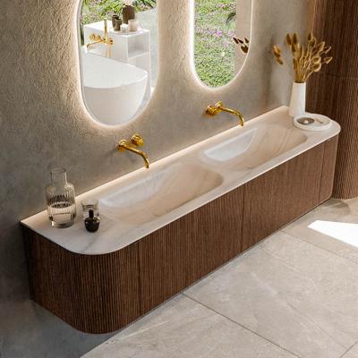 Badmeubel Mondiaz Kurve-Dlux | 190 cm | Meubelkleur Walnut | Wastafelkleur Meli | Solid surface | Wasbak beide zijden spoelbak | Zonder kraangat(en)