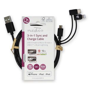 3-in-1-Kabel | USB 2.0 | USB-A Male | Apple Lightning 8-Pins / USB Micro-B Male / USB-C© Male | 48