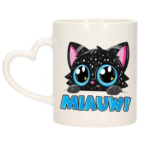 Cadeau koffie/thee mok - poes/kat - Miauw - zwart - hartjes oor - keramiek - poesje