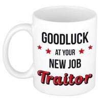 Goodluck traitor nieuwe baan kado mok / beker wit en zwart - afscheidscadeau collega