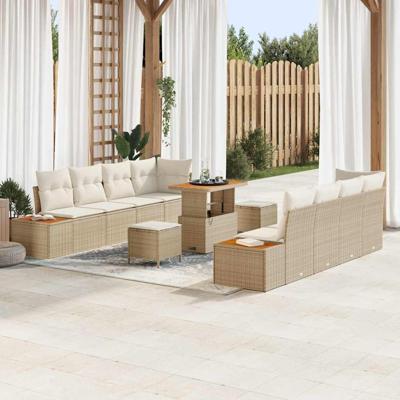 11-delige Tuinbankenset met kussens poly rattan acacia beige