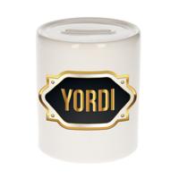 Spaarpot met voornaam Yordi - wit - goud/zwart embleem - 8 x 9 cm - keramiek - afsluitdop