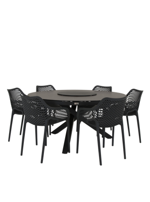 Qopps Perth tafel 150 rond Antraciet met 6 tuinstoelen Air XL
