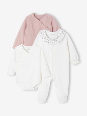 Babypakje 3-delige set in effen tricot vestje + babyslaappakje + body rozen