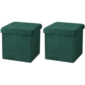 Poef/hocker - 2x - opbergbox zit krukje - velvet donkergroen - polyester/mdf - 38 x 38 cm - opvouwba