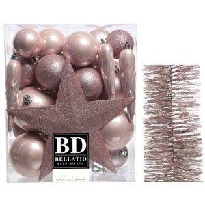 Kerstversiering kerstballen 5-6-8 cm met ster piek en folieslingers pakket lichtroze van 35x stuks