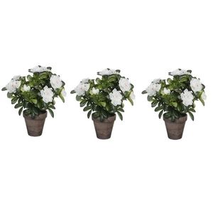 3x Groene Azalea kunstplant witte bloemen 27 cm in pot stan grey