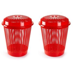 Plasticforte Wasmand met deksel - 2x stuks - 50 liter - rood - rond - D45 x H57 cm