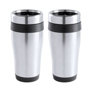 Warmhoudbeker/thermos isoleer koffiebeker/mok - 2x - RVS - zilver/zwart - 450 ml