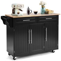 Mobiele Keukenwagen met 2 Laden & 2 Kasten Handdoek + Messenhouder & Verstelbare Binnenplanken voor Eetkamer Restaurant Zwart