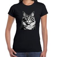 Cadeau/verkleed T-shirt dames - zwart - Maine Coon kat/poes - kattenliefhebber