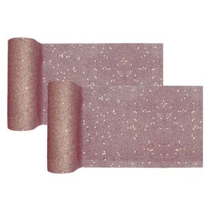 Tafelloper op rol - 2x - rose goud glitter - smal 18 x 500 cm - polyester