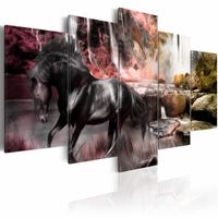 Schilderij - Zwart Paard voor Waterval V, Wanddecoratie , print op canvas , 5luik - thumbnail