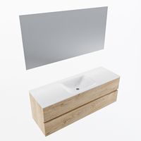 MONDIAZ VICA 140cm badmeubel onderkast Washed Oak 2 lades. Wastafel CLOUD midden 1 kraangat, kleur Talc met spiegel LED. - thumbnail