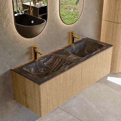 Badmeubel Mondiaz Kurve-Dlux | 130 cm | Meubelkleur Oak | Wastafelkleur Lava | Solid surface | Dubbele spoelbak | 2 kraangaten