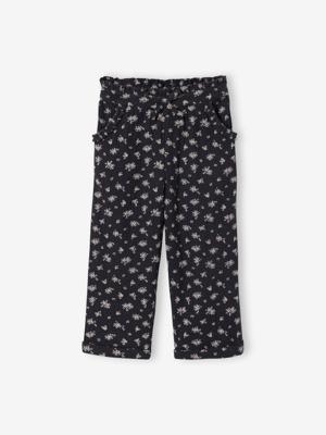 Driekwartsbroek voor meisjes met bloemenprint in katoengaas antraciet Driekwartsbroek voor meisjes met bloemenprint in katoengaas antraciet