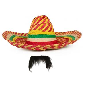 Carnaval verkleed set - Mexicaanse sombrero hoed met plaksnor - gekleurd - heren