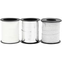 Cadeaulint, B: 10 mm, zilver, glitter zilver, wit, 3x15 m/ 1 doos