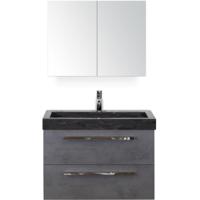 Seville Badmeubelset 80 cm - Beton Antraciet - Wastafel Hardsteen Wit Lucca met Spiegelkast