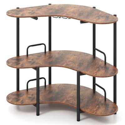 3-niveaus Keuken Bartafel met Glazenhouder & Metalen Frame Huisbar Keukentafel Minibar Bruin
