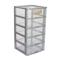 Ladeblokje/bureau organizer 5x grote lades - grijs/transparant - L38 x B38 x H72 cm - kunststof