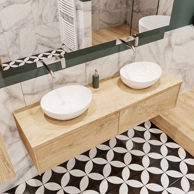 Mondiaz Lush Barco badmeubel Washed oak 150 cm 2 lades mdf 2 waskommen beide zijden zonder kraangat