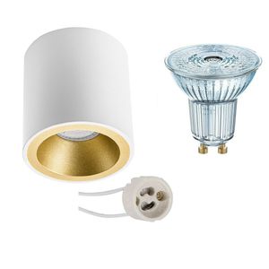 Opbouwspot Set - LEDVANCE Parathom PAR16 927 36D - Pragmi Cliron Pro - GU10 Fitting - Dimbaar - Opbouw Rond - Mat Wit/Goud - 3.7W - Warm Wit 2700K - Verdiept - Ø90mm