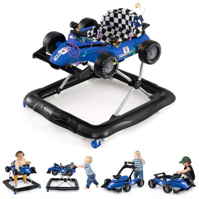 4-in-1 Loopwagen Loopassistent met 3-traps Verstelbare Hoogte Gevoerd Zitje Stuurwiel & Speelklok Blauw