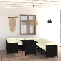 9-delige Loungeset met kussens poly rattan zwart