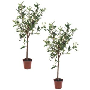 2x Kunstplant groene olijfboom 65 cm in betonlook pot