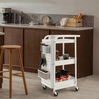 3 Tier Trolley Metalen Trolley met 2 Pegboards & 2 Manden & 4 Haken Wit - thumbnail