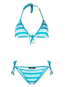 Balmain bikini rayé à logo imprimé - Bleu