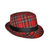 Verkleed hoed Schotse ruit - rood - Al Capone model - Trilby hoed/gleufhoed - gangster/maffia thema