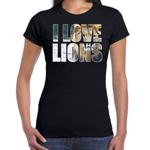Tekst t-shirt I love lions met dieren foto van een leeuw zwart voor dames 2XL  -