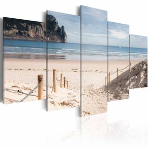 Schilderij - Wandeling langs de Zee, 5luik , beige blauw , wanddecoratie , premium print op canvas