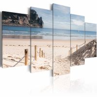 Schilderij - Wandeling langs de Zee, 5luik , beige blauw , wanddecoratie , premium print op canvas - thumbnail