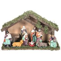 Complete kerststal - met 9 kerst beelden - L35 x B12 x H22 cm