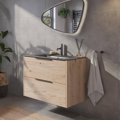 Saqu Lima voorgemonteerd badmeubel met grafiet greep incl. mat zwarte keramische wastafel 81x46cm naturel eiken