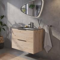 Saqu Lima voorgemonteerd badmeubel met grafiet greep incl. mat zwarte keramische wastafel 81x46cm naturel eiken